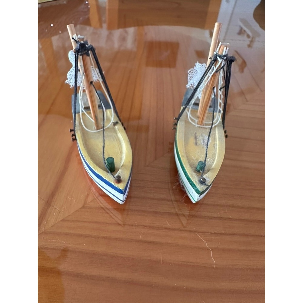 Vintage Miniature Wooden‎ Fishing Boat Set Nautical Decor Trawler Models 2pc